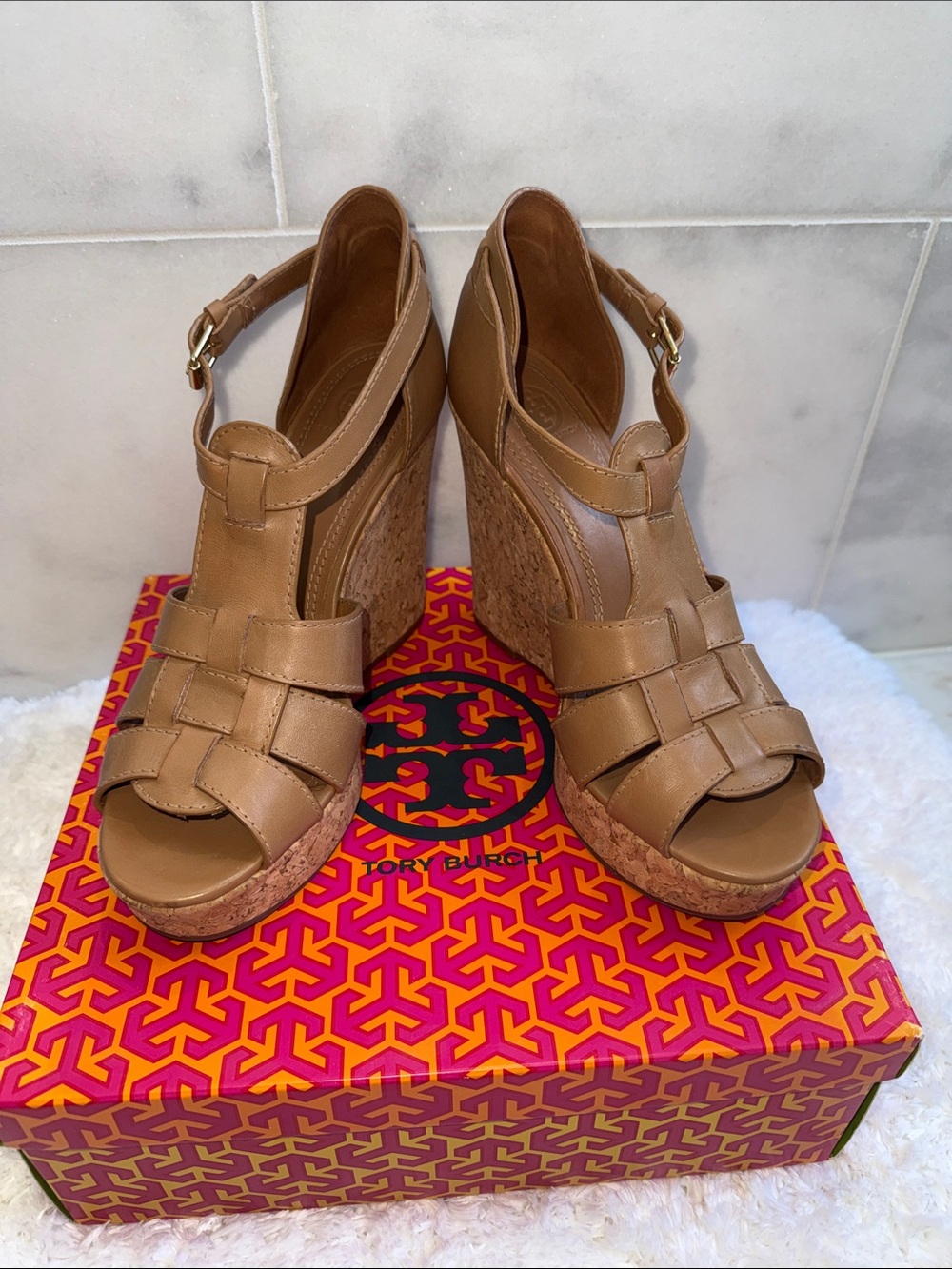Tory Burch Wendell Cognac Leather Cork Wedge Sandals 8. 1/2